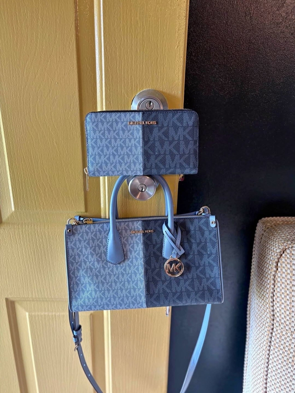 Michael Kors Two-Tone Blue Signature Satchel with Matching Wallet